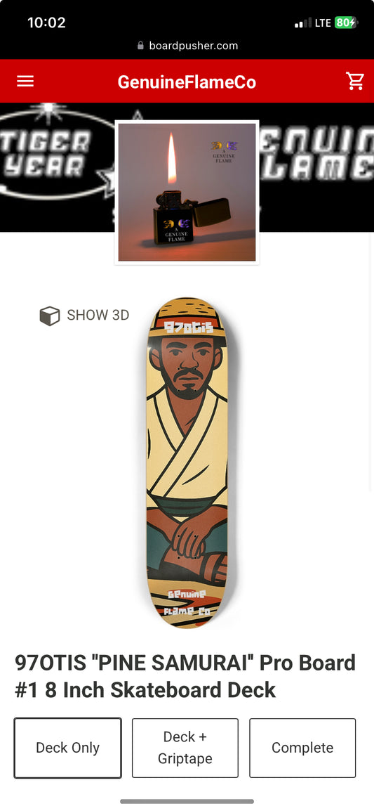 97OTIS ''PINE SAMURAI'' Pro Board #1 8 Inch Skateboard Deck